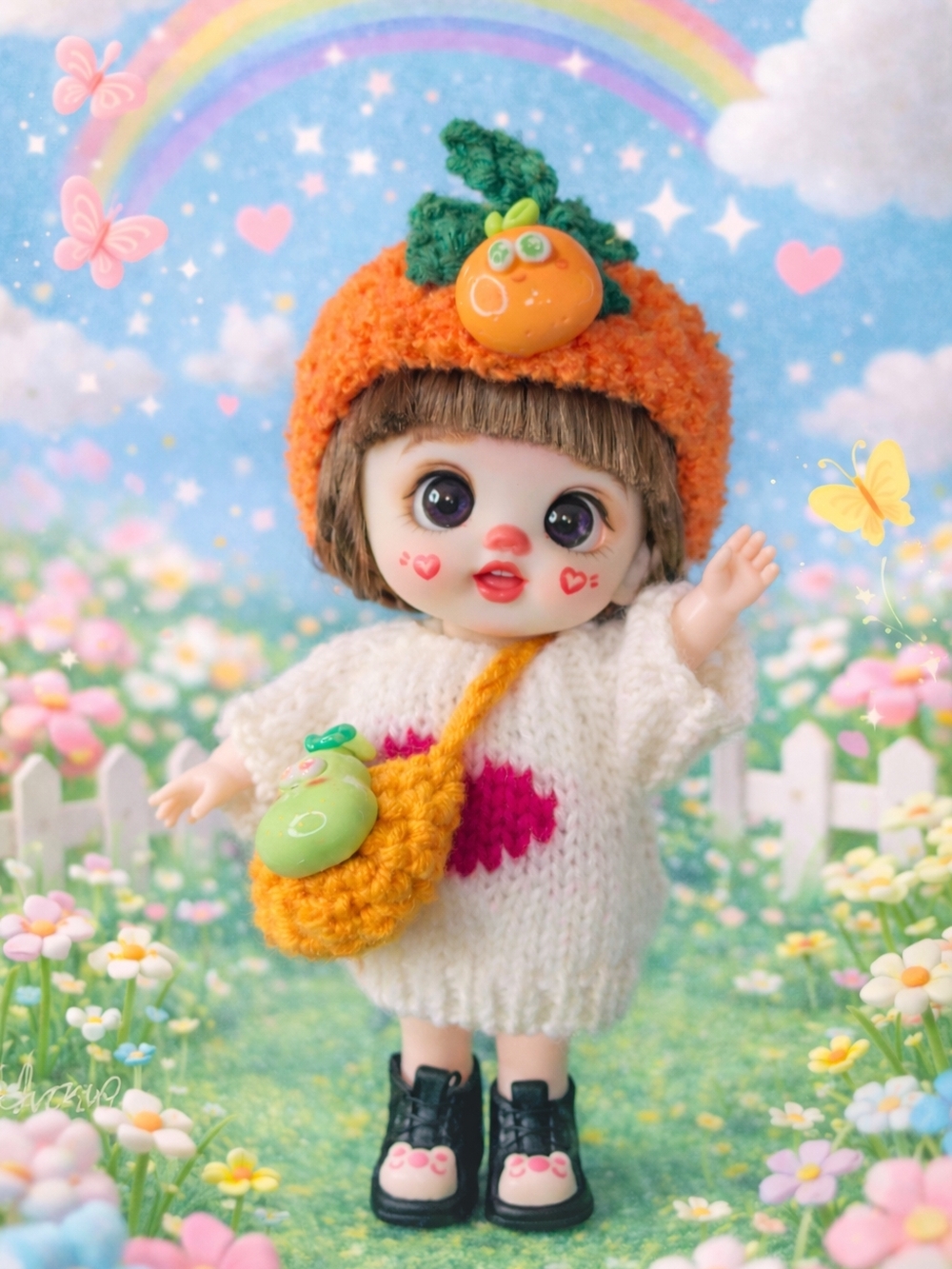 Luolifen Orange Pumpkin Knit Hat Doll Outfit for Kids Toys